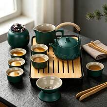 Portable Gongfu Tea Set, Ceramic Teapot And Cups With Grey Travel Case, Traditional Chinese Tea Set Gift For Home, Office And Travel - Green - View 1