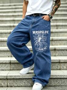 Men's Gothic Spider & Letter Embroidered Wide Leg Jeans, Vintage Washed Loose Fit Denim Pants - Blue - View 4