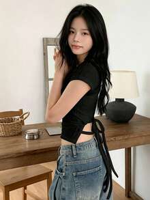 YCYC Korean Style Fashion Casual Women's Design Lace-Up Short Sleeve T-Shirt Black Summer - Black - View 4