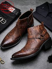 Men's Brown Crocodile Embossed Western Pointed Toe Rivet Side Zipper Chelsea Boots Vintage Workwear High-Top Boots - Brown - View 1