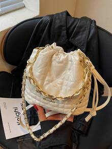 時尚愛心絎縫抽繩水桶包，金屬鍊條手柄，純色百搭單肩斜挎包，適合日常通勤 - 白色 - 查看 5