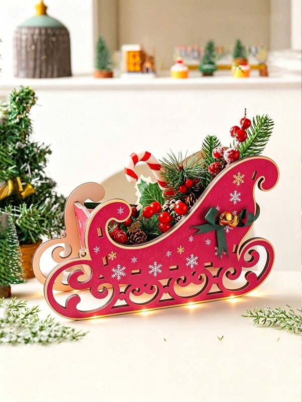 Santa Claus Sleigh Indoor Decorative Ornament, Pink Wooden DIY Sleigh Decoration, Vintage Country Style, For Christmas Tree Decoration, Photo Booth Prop Set And Christmas Party Tabletop Decor, Pet Sleigh Party Gift, Christmas Winter Decoration