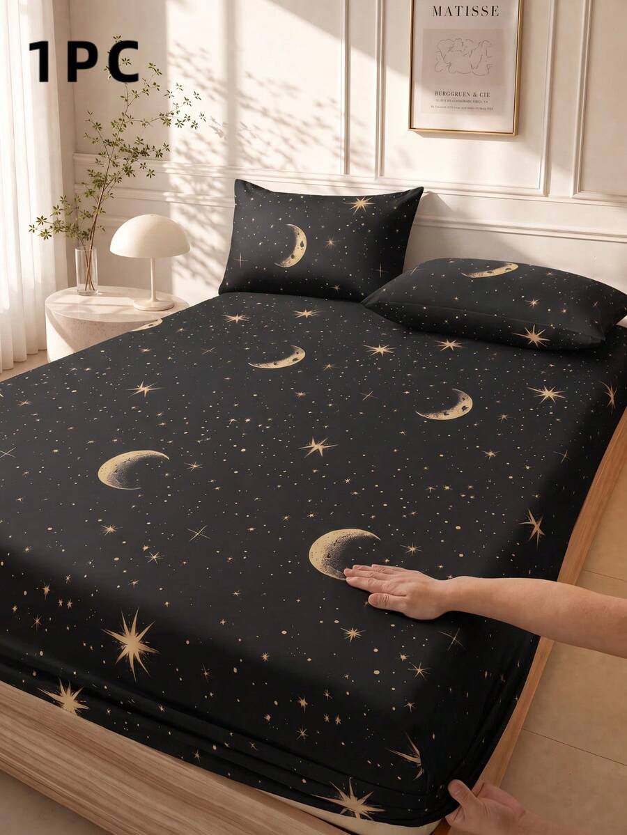 1pc Fashionable Black Star & Moon Pattern Fitted Sheet, Mattress Protector, Mattress Cover, Bed Sheet, Soft & Breathable, Fits All Bed Sizes - Twin, Full, Queen, King, Deep Pocket Up To 11.8 Inches, Machine Washable. Back To School Season, Dorm Essentials - Black - View 1