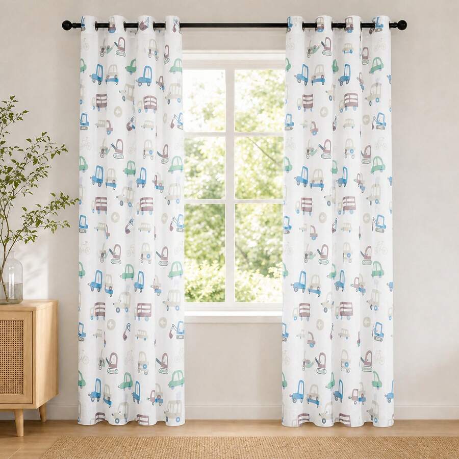 1 Semi-Transparent Curtain With Creative Print, Eyelet Hanging, Light-Filtering, For Living Room And Bedroom, 140*280 Cm - Toy Car - View 1