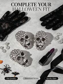 3pcs Rhinestone Skull Dreadlock Hair Beads Gothic Halloween Braid Hair Clips Punk Hair Accessories For Women - Silver - View 3
