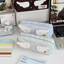 Cute 3D Wing Decor Star Pattern Pencil Pouch, Zipper Canvas Stationery Storage Bag, Back‑To‑School Supplies For School Girls - Star Pencil Case - View 10