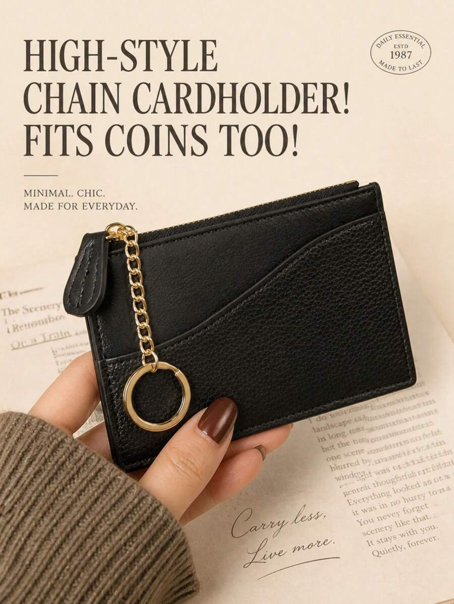 Women's Vintage Black Card Holder, Lychee PU Leather Wallet With Gold Keyring, Front Slots & Zipper Coin Pocket. Slim, Compact & Chic. Perfect Gift. - Black - View 1