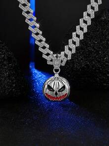 Men Halloween Pumpkin Face Pendant Necklace, Hip Hop Enamel Rhinestone Cuban Chain Necklace, Gothic Party Costume Jewelry Gift - Pumpkin Head Pendant - View 14