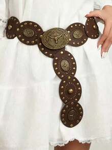 1pc PU Women's Coffee Color Western Hollow Metal Eyelet Round Belt - Coffee - View 22