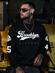 Men's "VICTORY" Graphic Print Crew Neck Pullover Sweatshirt, Streetwear Style, Autumn/Winter, Long Sleeve Top - Black - View 2