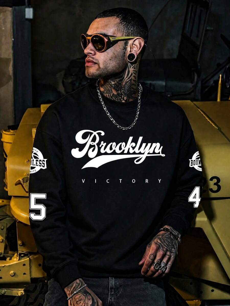 Men's "VICTORY" Graphic Print Crew Neck Pullover Sweatshirt, Streetwear Style, Autumn/Winter, Long Sleeve Top