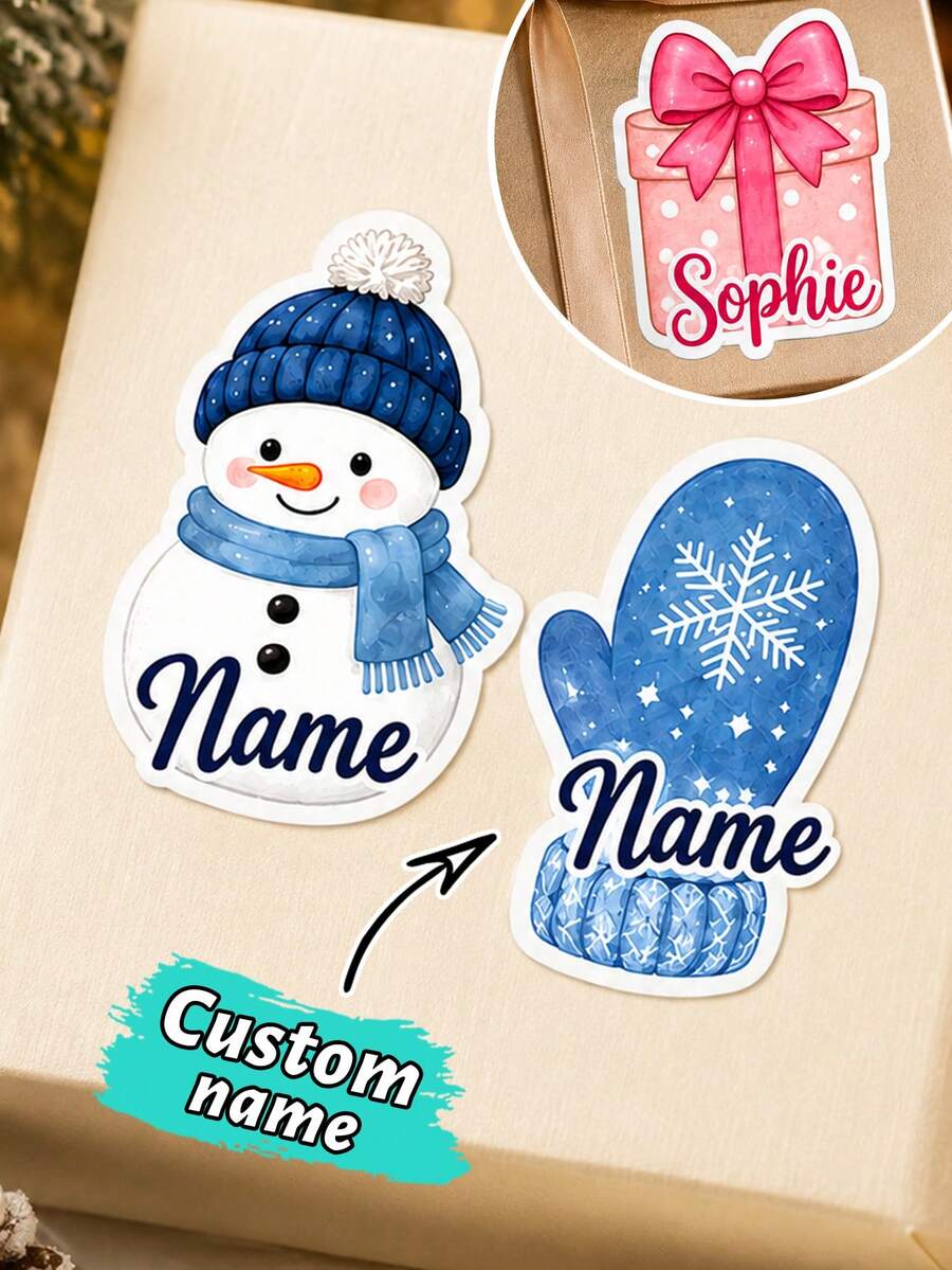 20-200pcs Custom Christmas Name Stickers, Personalized Snowman Mitten Gift Labels, Festive Winter Holiday Style, Customized Christmas Gift Stickers, Customizable Name Labels, Gift Wrapping Decor, Holiday Party Favors, Family Christmas Gift, Friend - Style C - View 1