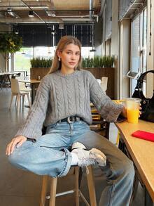 Women's Gray Cable Knit Sweater, Long Sleeve Pullover College Style Everyday Casual Outfits For Fall Winter - Grey - View 5