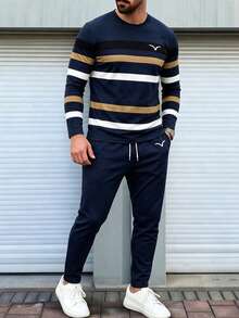 Men's Autumn/Winter Daily Commute Striped Patchwork Print Crew Neck Long Sleeve T-Shirt And Pants Set - Multicolor - View 1