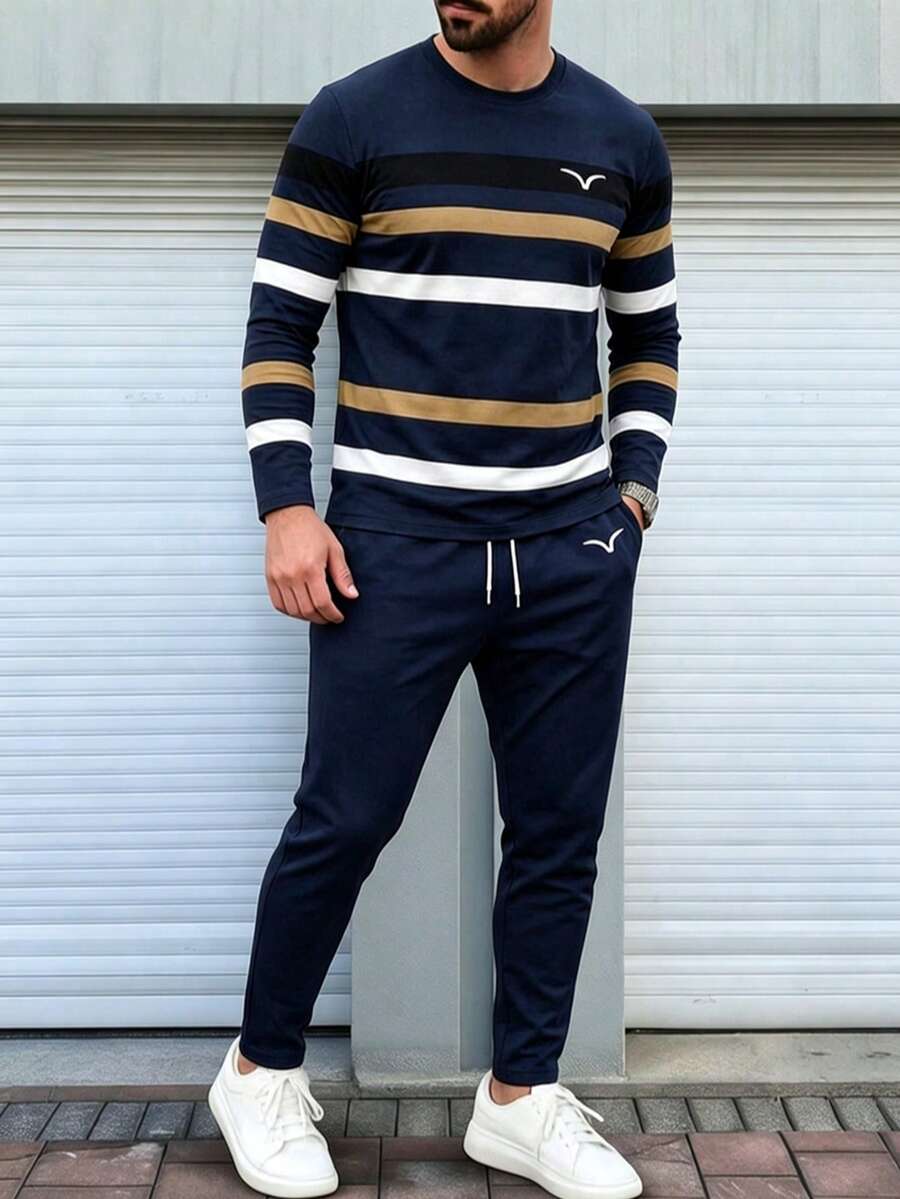 Men's Autumn/Winter Daily Commute Striped Patchwork Print Crew Neck Long Sleeve T-Shirt And Pants Set - Multicolor - View 1