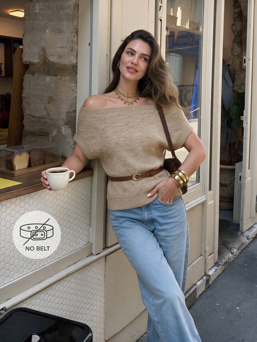 Women Autumn Khaki Off The Shoulder Knit Top Boat Neck Short Cap Sleeve Fuzzy Soft Texture Ribbed Hem Casual Going Out Tops - Khaki - View 1