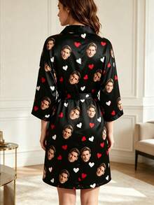 1Pc Custom Face Photo Robe Personalised Black Heart Picture Women Night Wear Sleepwear Kimono Bathrobe Gift For Wife - Multicolor - View 3