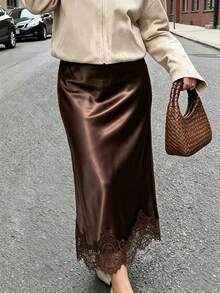 Elegant French Vintage Elastic Satin Texture Silky Brown Casual Contrast Lace Skirt, Fashionable Versatile - Brown - View 2
