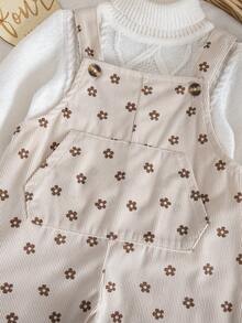 1pc Baby Girl Apricot Corduroy Ditsy Floral Overalls, Adjustable Straps, Pockets, Vintage Style Romper - Beige - View 5