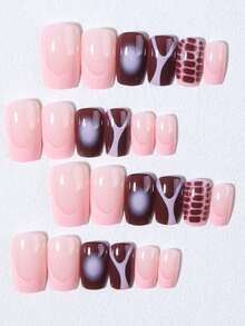 24pcs Short Square Blooming Nails And Brown Nails, Leopard Print French Manicure, Perfect Fit Fake Nails. Set Includes: 1pc Jelly Glue And 1pc Nail File, Suitable For Women And Girls Daily Wear - Multicolor - View 4