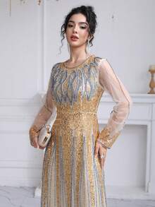 JINLICX Luxury Champagne Gold Tassel Beaded Evening Gown Sheer Long Sleeve Sequin Maxi Dress - Champagne - View 5