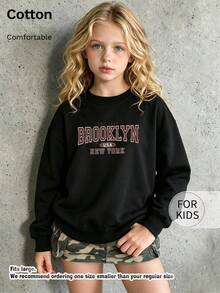 Tween Girl Crew Neck Sweatshirt, Brooklyn New York Vintage Letter Print Pure Cotton Pullover - Black - View 3
