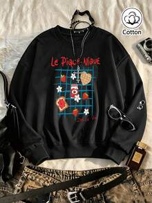 Vintage Retro Street Style Unisex Loose Fit Crew Neck Sweatshirt With Strawberry Waffle Toast Floral Print And French Text, Pure Cotton Breathable, - Black - View 1