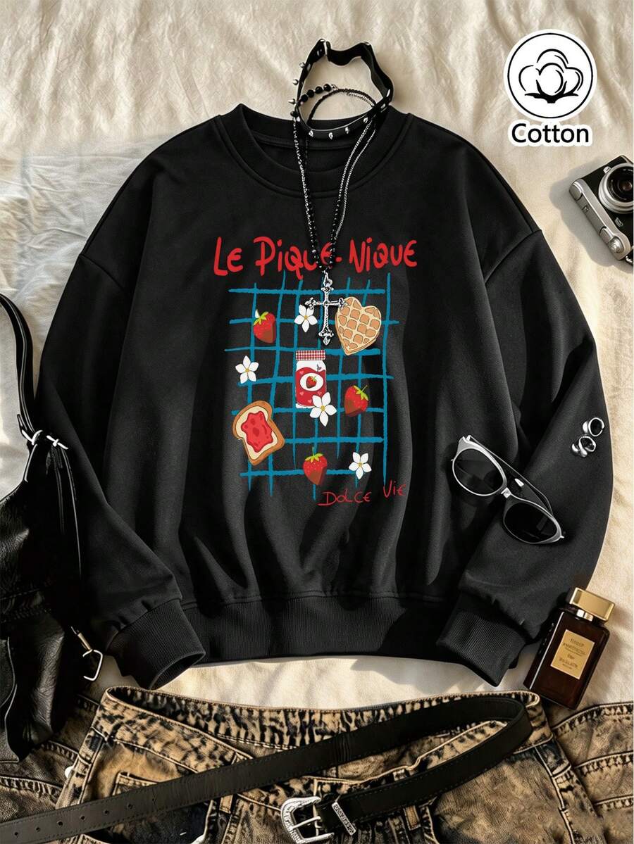 Vintage Retro Street Style Unisex Loose Fit Crew Neck Sweatshirt With Strawberry Waffle Toast Floral Print And French Text, Pure Cotton Breathable, - Black - View 1