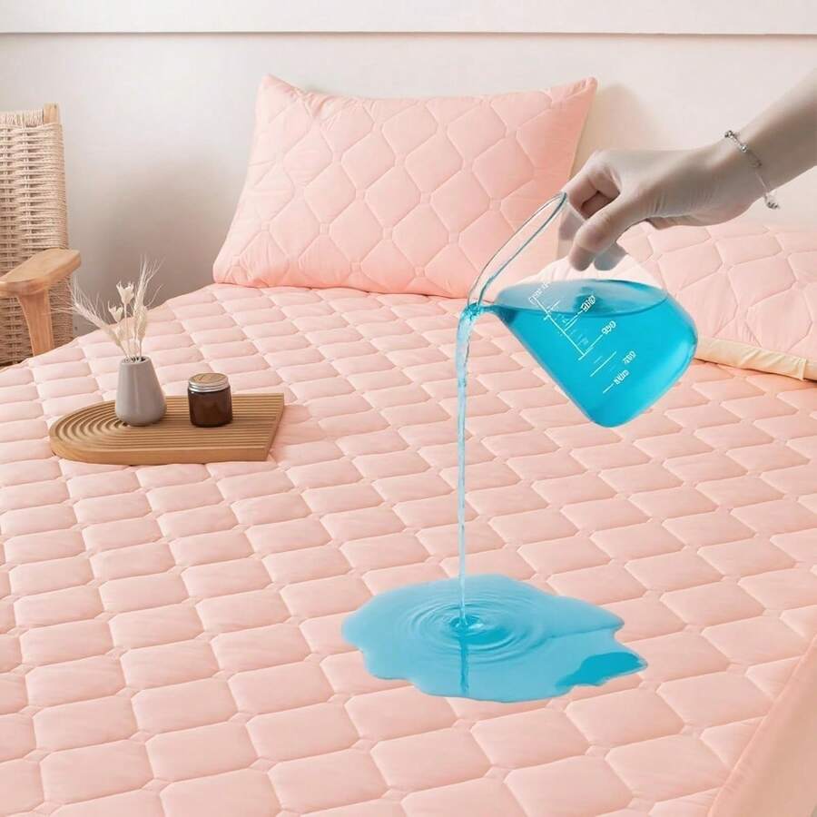 Protector de colchón acolchado impermeable tipo sábana ajustable, con elástico alrededor, hipoalergénico, suave y transpirable, lavable a máquina. Disponible en tamaños 1*2 m, 1.35*2 m, 1.5*2 m y 2*2 m. Colores disponibles: caqui, gris oscuro, gris claro, azul marino, negro y rosa. - Rosa-1.5* 2m - Ver 1