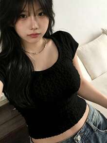 YCYC Korean Style Fashion Casual Women's Design Lace-Up Short Sleeve T-Shirt Black Summer - Black - View 2