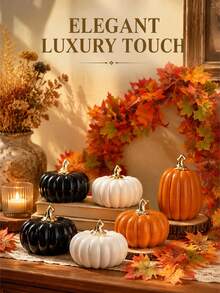 Elegant Decorative Ceramic Pumpkin Ornament Set, Gold-Plated Stem, Multiple Sizes (Small/Medium/Large), Orange And White, Suitable For Living Room, Study, Desktop, Home Decor, Halloween - Multiple Styles - View 1