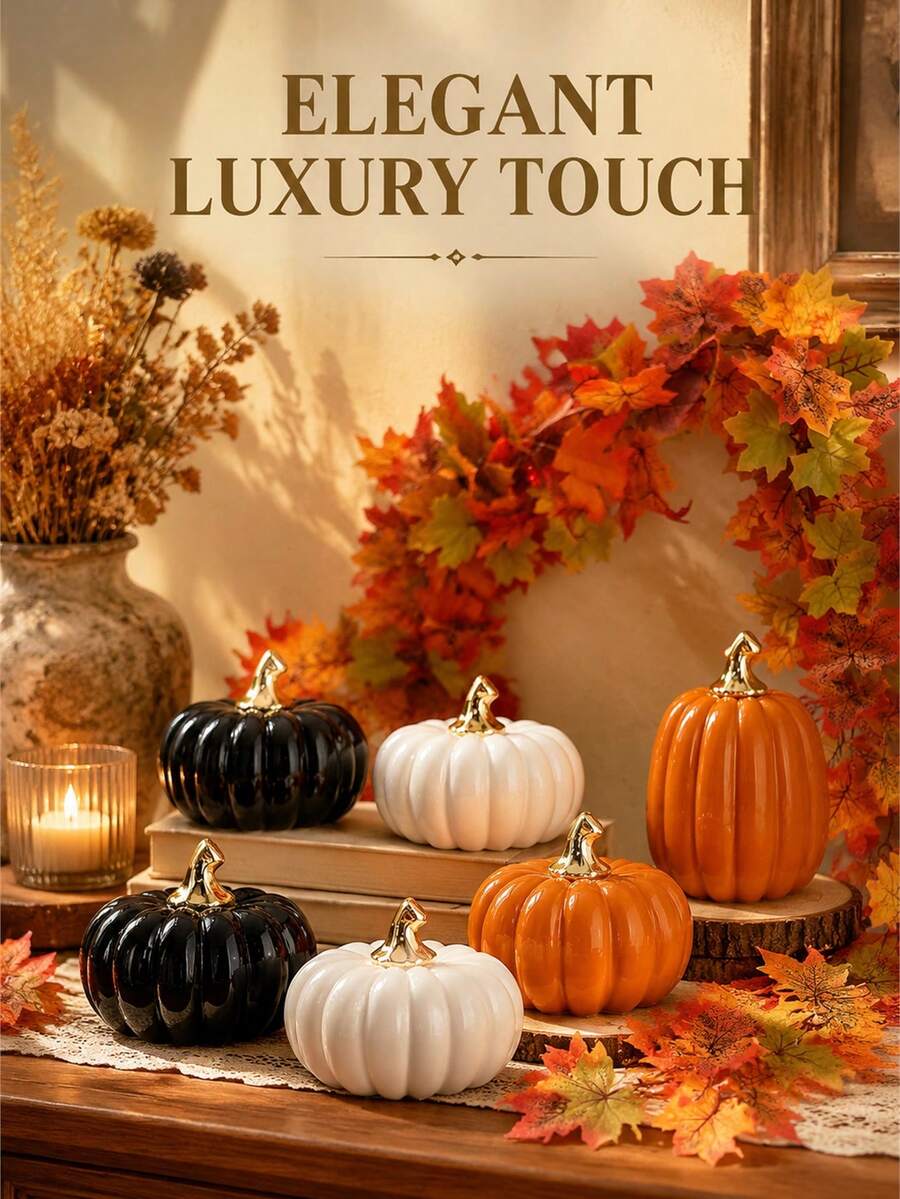 Elegant Decorative Ceramic Pumpkin Ornament Set, Gold-Plated Stem, Multiple Sizes (Small/Medium/Large), Orange And White, Suitable For Living Room, Study, Desktop, Home Decor, Halloween - Multiple Styles - View 1