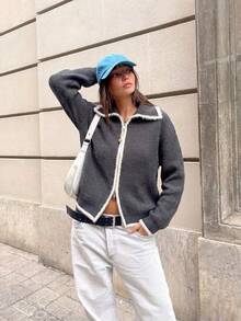 Women's Fuzzy Knit Zip-Up Cardigan, Wide Collar Contrast Trim Sweater Jacket, Suitable For Thanksgiving And Christmas Outfits - Grey - View 6