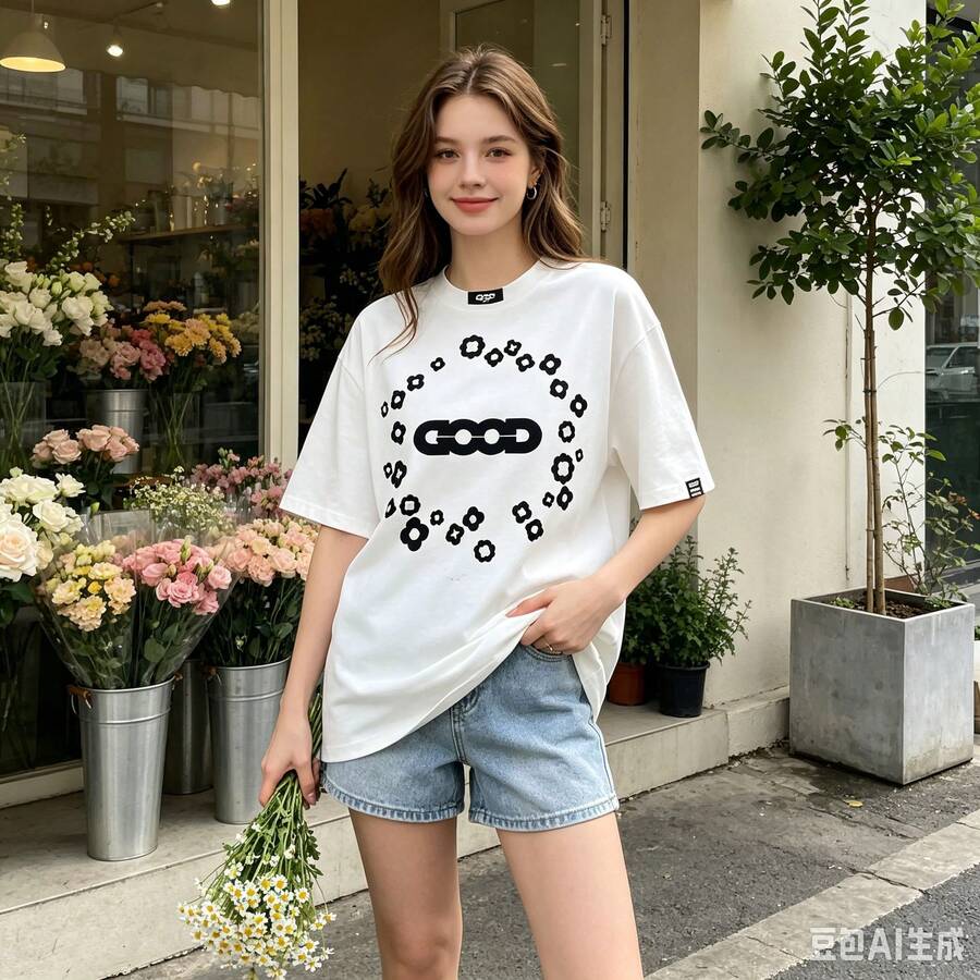 GOODBRAND Lao Bai's Same Style Niche  Brand Spring-Summer New Floral Print Short-Sleeve Shirt For Men And Women T Shirt - White - View 1