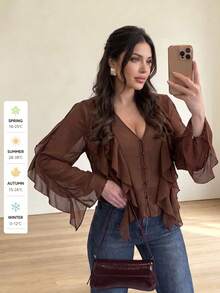 Camisa beige versátil, casual y de oficina con volantes asimétricos y semitransparentes, adecuada para citas, uso diario, vacaciones en la playa. Los volantes añaden suavidad, se puede combinar con vaqueros para looks festivos y con faldas para ir a la oficina de manera elegante. - Marrón - Ver 8
