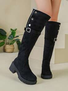 Botas altas de caballero de ante, textura de ante premium, combina bien con abrigos, faldas, jeans, adecuado para desplazamientos de otoño/invierno, fotografía de viajes, atuendos para citas - Negro - Ver 4