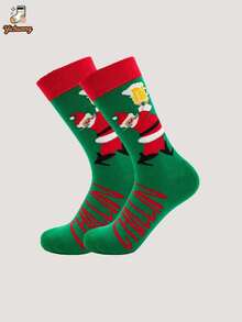 1 Pair Christmas Funny Mid-Calf Socks, Quirky Santa Claus Beer Mug Letter Holiday Socks For Men And Women - Green - View 4