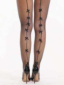 1 Pair Women's Black Back Seam Bowknot Fishnet Pantyhose, Vintage Coquette Mesh Tights For Party, Date Night & Halloween - Multicolor - View 2