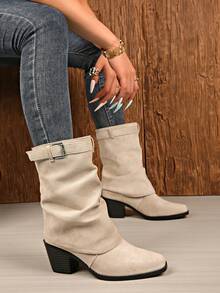 Sepatu Bot Ankle Ujung Persegi Modis, Sepatu Bot Denim Wanita Kasual Serbaguna, Hak Tebal, Gesper Sabuk, Berkerut, Bertumpuk - Krem - View 1
