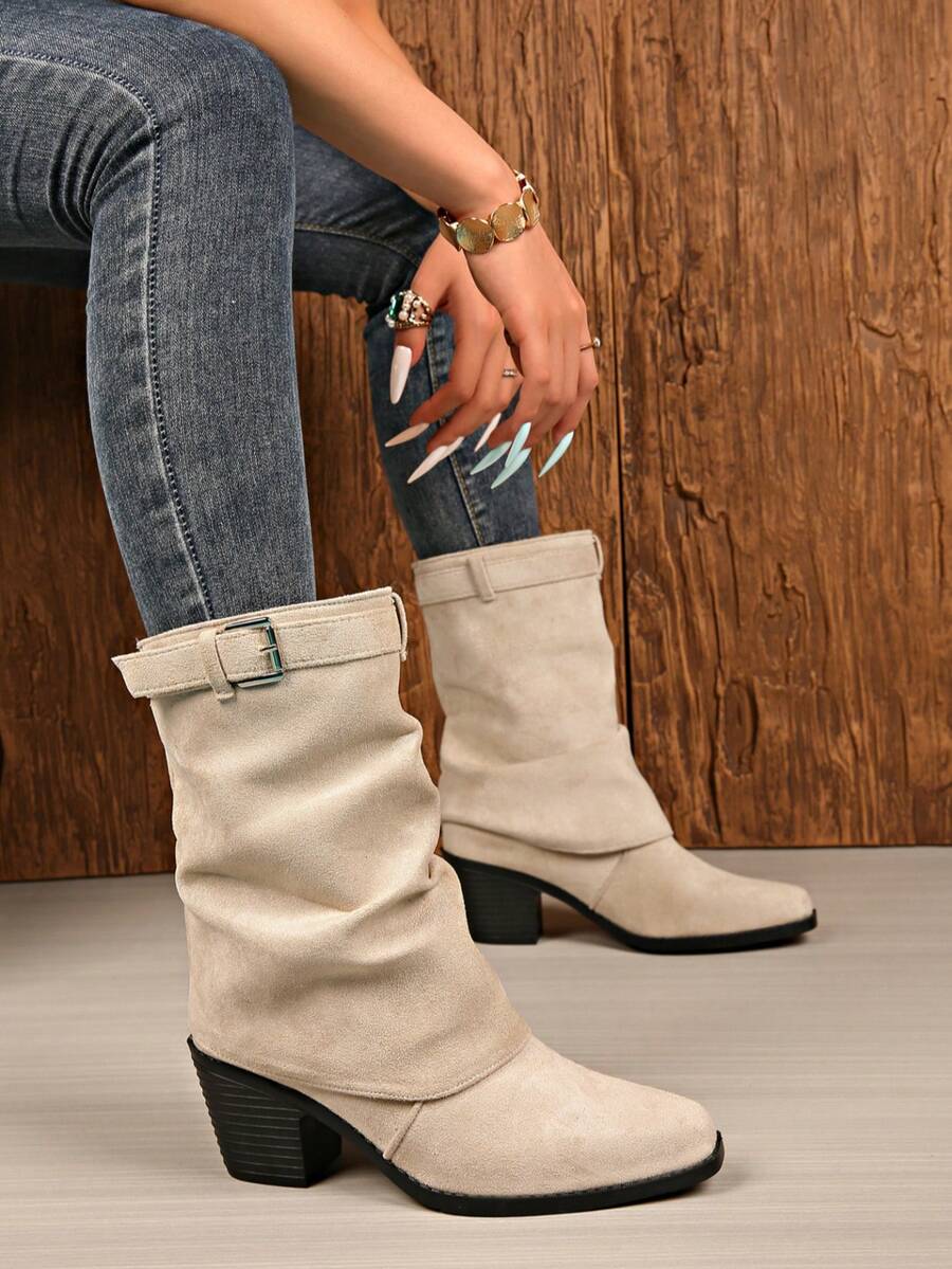 Sepatu Bot Ankle Ujung Persegi Modis, Sepatu Bot Denim Wanita Kasual Serbaguna, Hak Tebal, Gesper Sabuk, Berkerut, Bertumpuk - Krem - View 1