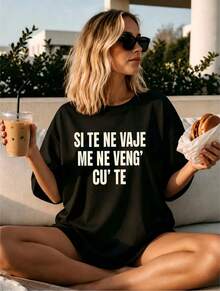 European Slogan Graphic Cotton Loose T‑Shirt, Women Casual Short Sleeve, For Weekend Hangout & Daily Street Look - Black - View 1