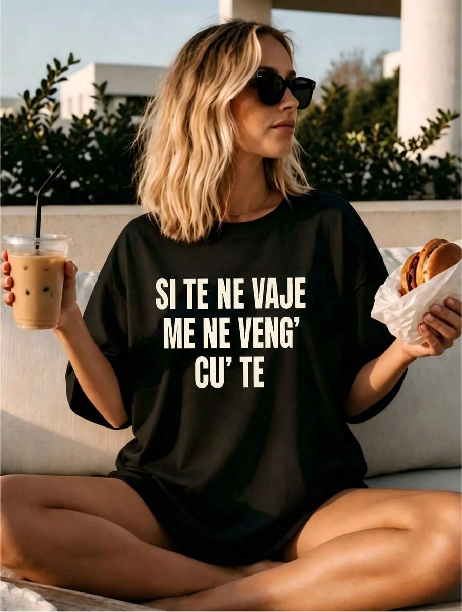 European Slogan Graphic Cotton Loose T‑Shirt, Women Casual Short Sleeve, For Weekend Hangout & Daily Street Look - Black - View 1