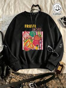 Black Loose Fit Fruit Print Crew Neck Sweatshirt For Young Men & Women, Long Sleeve Street Style Pullover With Ribbed Cuffs & Hem, - Black - View 2