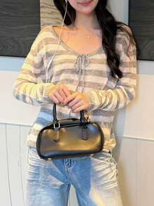 Atasan Wanita Baru Berbahan Rajut Garis-Garis Abu-abu dengan Lubang dan Tali Pengikat, Model Patchwork Acak - Grey - View 3