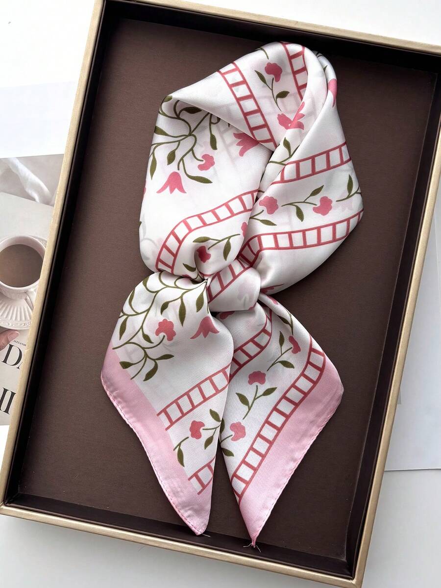 1件裝仿絲綢簡約棋盤格小方巾，男女通用，防曬多功能頭巾裝飾領巾 - 粉色 - 查看 1