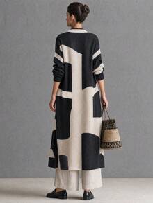 Women's Fashionable Casual Minimalist Color Blocked Jacquard Single Breasted Long Cardigan Jacket - Color - View 2