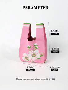 Pink Floral Knitted Wrist Bag, Gentle Flower Print Mini Woven Handbag - Pink - View 3