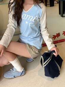 女款復古美式字母拼色拼接長袖連帽T恤，情人節，春/夏季 - 淺藍色 - 查看 3