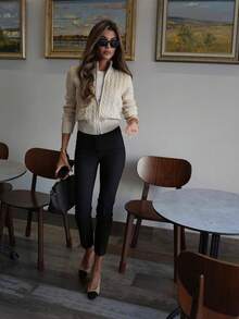 MORI Autumn/Winter Y2K Elegant Beige Faux Collar Zipper Placket Ribbed Trim Cable Knit Sweater Top For Women, Casual Outing And Vacation Outfit - Off-white - View 9