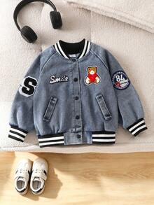 MYVLNA Unisex Baby Blue Denim Baseball Jacket, Bear & Letter/Number Patch Decor, Black & White Striped Ribbed Collar, Cuffs & Hem, Single-Breasted Snap Front, Slanted Pockets, Casual Collegiate Style - Blue - View 1